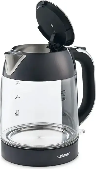 Zelmer ZCK8025 Electric Kettle, 1.7L Capacity, 2200W Power, Stainless Steel and Glass Body, Hidden Disc Heating Element, Anti-calc Filter, Black