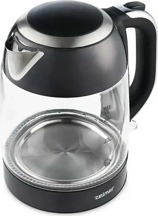 Zelmer ZCK8025 Electric Kettle, 1.7L Capacity, 2200W Power, Stainless Steel and Glass Body, Hidden Disc Heating Element, Anti-calc Filter, Black