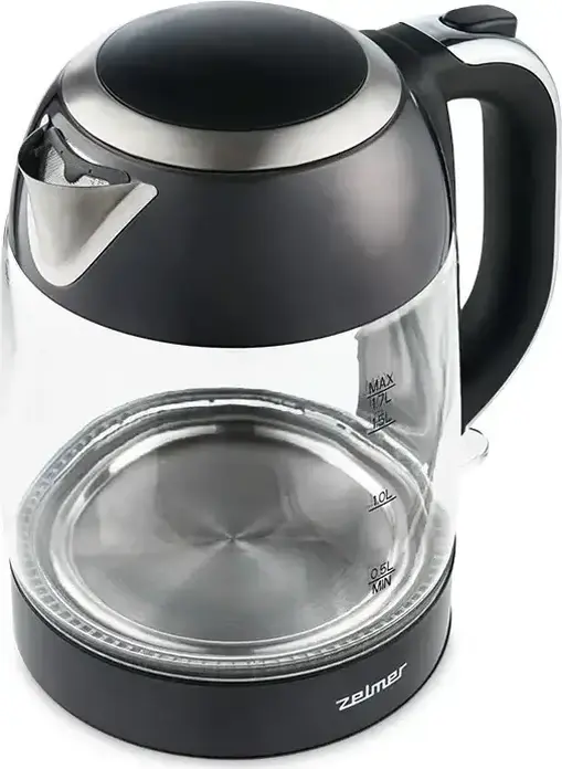Zelmer ZCK8025 Electric Kettle, 1.7L Capacity, 2200W Power, Stainless Steel and Glass Body, Hidden Disc Heating Element, Anti-calc Filter, Black