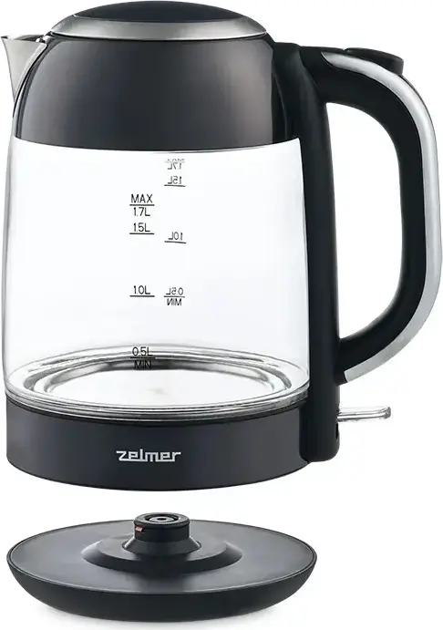 Zelmer ZCK8025 Electric Kettle, 1.7L Capacity, 2200W Power, Stainless Steel and Glass Body, Hidden Disc Heating Element, Anti-calc Filter, Black