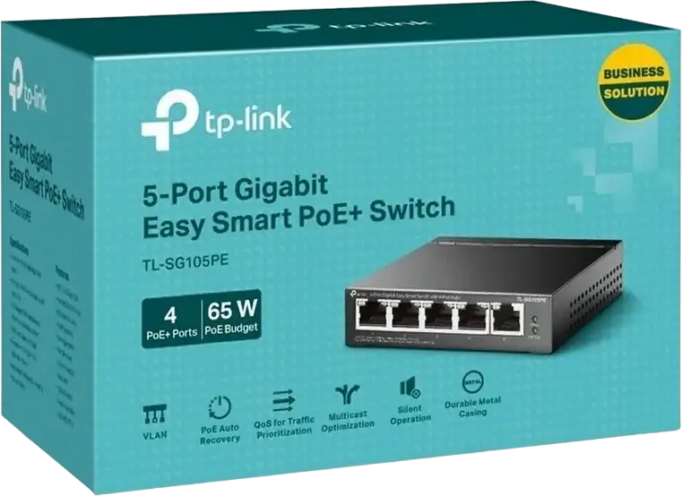 TP-Link TL-SG105PE 5-Port Gigabit Easy Smart PoE+ Switch, 4 PoE+ Ports (30W per port, 65W Budget), VLAN QoS IGMP Snooping, Fanless Steel Case