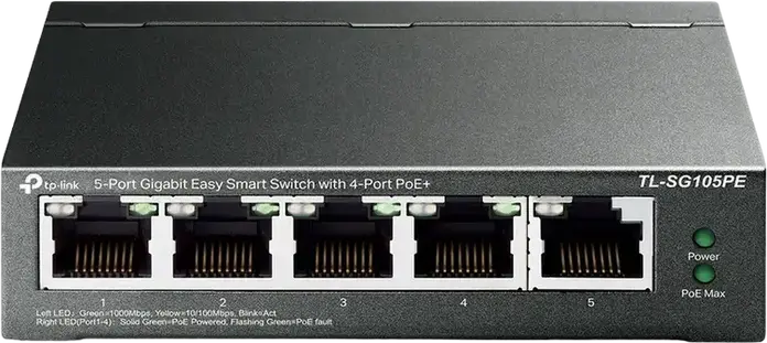 TP-Link TL-SG105PE 5-Port Gigabit Easy Smart PoE+ Switch, 4 PoE+ Ports (30W per port, 65W Budget), VLAN QoS IGMP Snooping, Fanless Steel Case