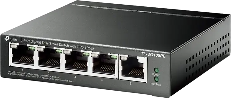 TP-Link TL-SG105PE 5-Port Gigabit Easy Smart PoE+ Switch, 4 PoE+ Ports (30W per port, 65W Budget), VLAN QoS IGMP Snooping, Fanless Steel Case