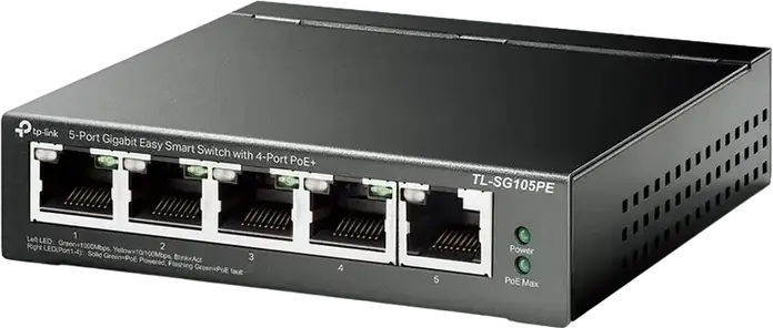 TP-Link TL-SG105PE 5-Port Gigabit Easy Smart PoE+ Switch, 4 PoE+ Ports (30W per port, 65W Budget), VLAN QoS IGMP Snooping, Fanless Steel Case