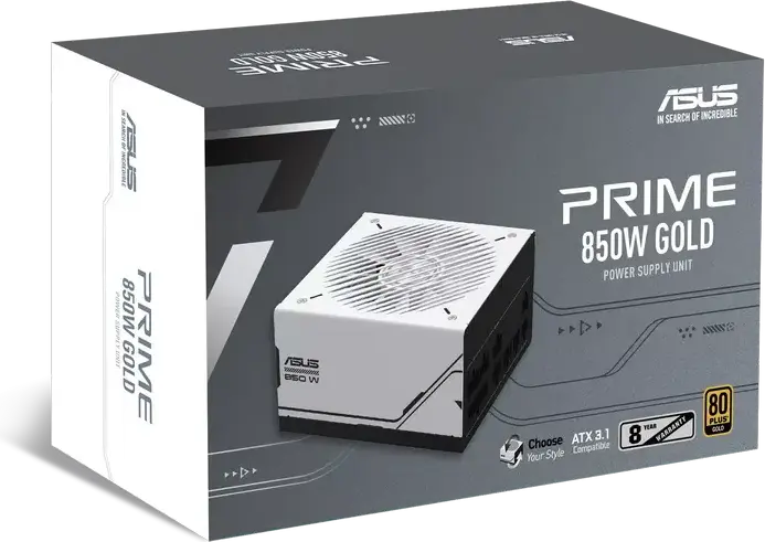 ASUS Prime AP-850G Power Supply, 850W 80 Plus Gold, ATX 3.1 PCIe Gen 5.1, Fully Modular PSU, Active PFC, White