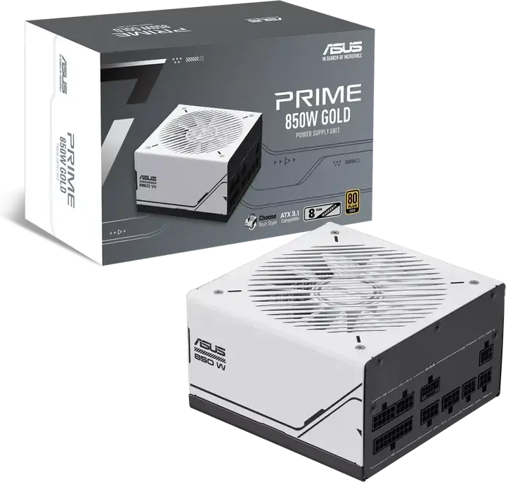 ASUS Prime AP-850G Power Supply, 850W 80 Plus Gold, ATX 3.1 PCIe Gen 5.1, Fully Modular PSU, Active PFC, White