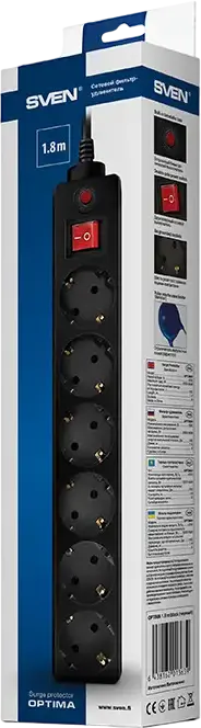 SVEN Optima 6 Surge Protector Power Strip, 6 Sockets CEE 7/4, 1.8m Cord, 2.3kW Max Load, Overload and Short Circuit Protection, Black