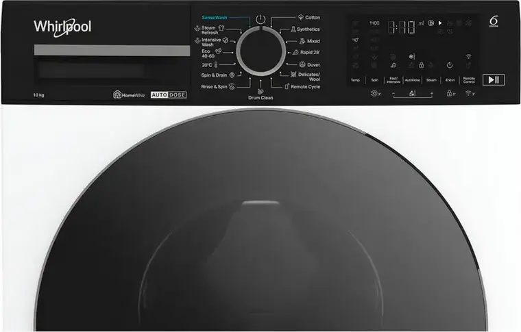 Whirlpool WPM 07W ADS EE Front-Load Washing Machine, 10 kg Capacity, 1400 RPM, Energy Class A, Auto Dose, Steam Refresh, HomeWhiz Smart Control, White