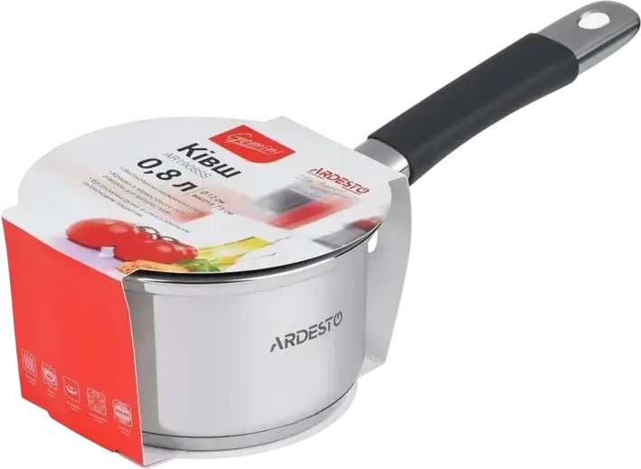 Căuș Ardesto AR1908SS Gemini Salerno din Oțel Inoxidabil 0.8L, Diametru 12cm, cu Capac de Sticlă, Compatibil Inducție, Scară Internă