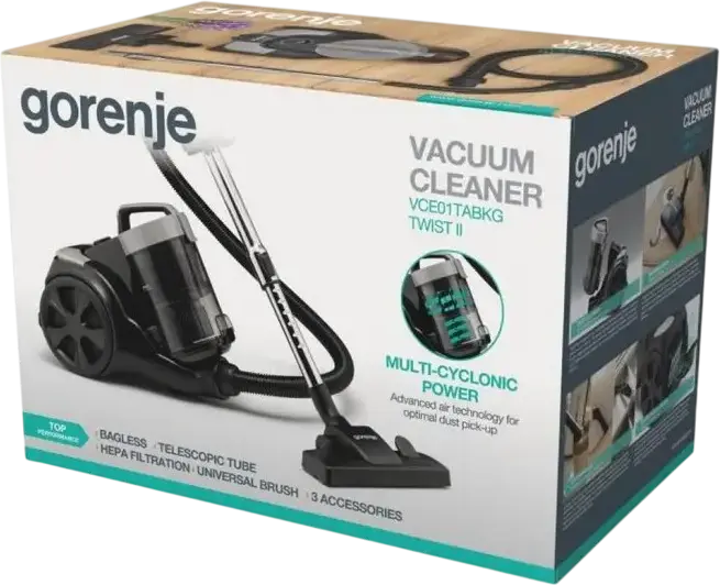 Gorenje VCE01TABKG Twist II Bagless Vacuum Cleaner, 950W, 140W Suction, 3.3L Container, Double HEPA Filtration, Multicyclonic Power, Black