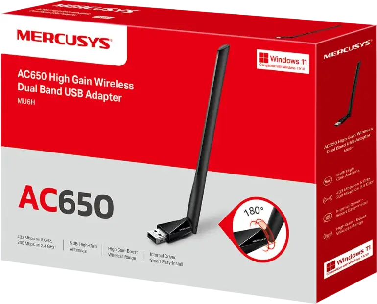 Adaptor Wireless USB Mercusys MU6H AC650 Dual Band, Viteza 433Mbps/200Mbps, Antenă Externă High Gain 5dBi Rotativă, Compatibil Windows