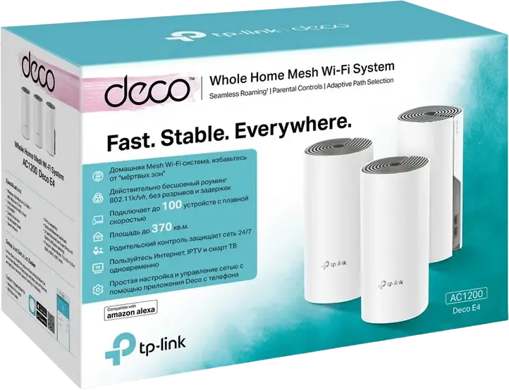 TP-Link Deco E4 Whole Home Mesh Wi-Fi System AC1200 Dual-Band Wi-Fi 5, 3-pack, Seamless Roaming, MU-MIMO, Beamforming, Parental Controls, White