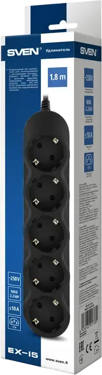 SVEN EX-I5 UPS Extension Cord, 5 Schuko CEE 7/4 EU Outlets, IEC-320 C14 Input, 1.8m Cable, 2300W Max Load, Fire Resistant Case, Wall Mountable, Black