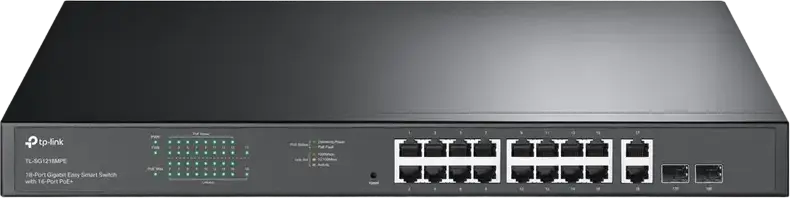TP-Link TL-SG1218MPE Switch Easy Smart Gigabit 18 Porturi, 16 Porturi PoE+ (Buget 250W), 2 Sloturi SFP, QoS, IGMP Snooping, Carcasă Metalică Rack