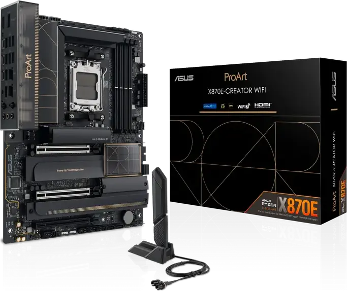 Placa de baza ASUS ProArt X870E-CREATOR WIFI AM5 AMD X870E ATX DDR5 256GB PCIe 5.0 Wi-Fi 7 Ethernet 10Gb USB4 40Gbps pentru Ryzen 9000 8000 7000