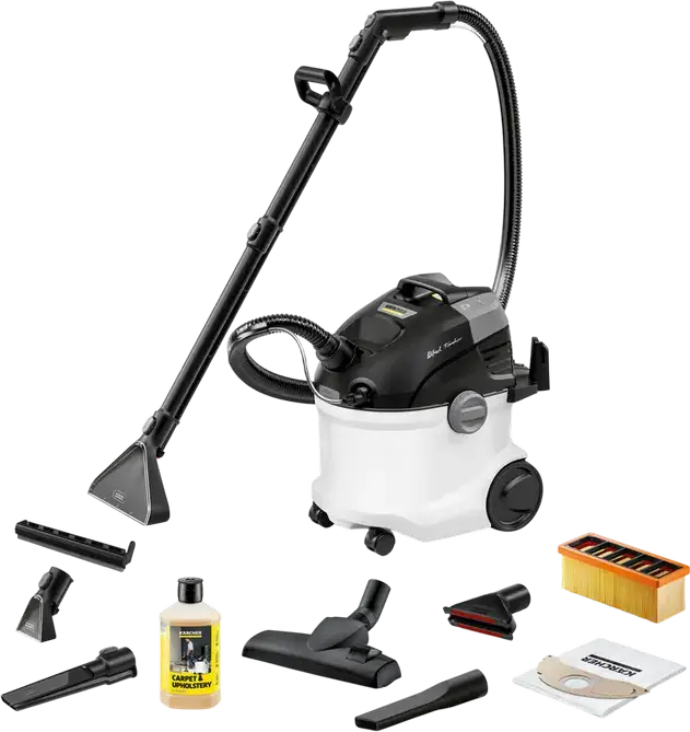 Karcher SE 6 Signature Line 3-in-1 Spray Extraction Cleaner, 1000W Wet and Dry Vacuum, 33.9 kPa Suction, Two-Tank System, Black and White