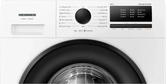 Heinner HWM-HMN7012IVSMA Slim Front-Load Washing Machine, 7kg, 1200 rpm, Inverter Motor, Energy Class A, 15 Programs, Steam Care, LED Display, White