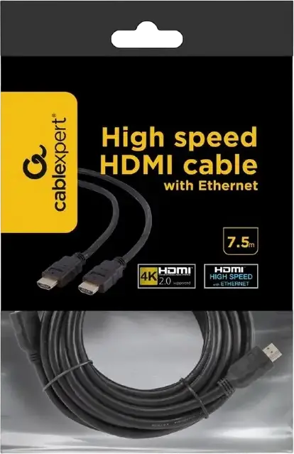 Кабель Cablexpert CC-HDMI4-7.5M HDMI 2.0 High Speed с Ethernet, 4K@60Hz, 18 Гбит/с, HDR, позолоченные коннекторы, тройное экранирование, медь, 7.5м, черный