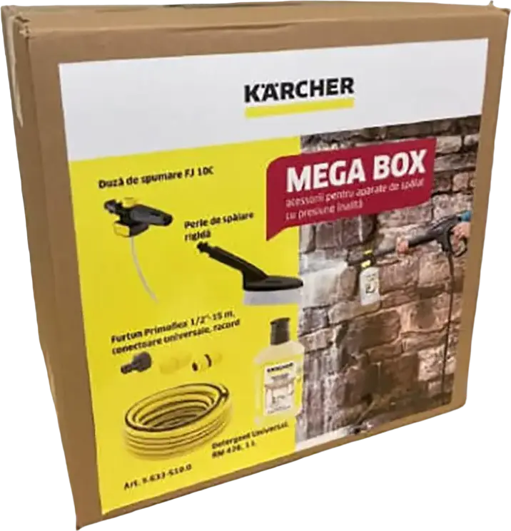 Karcher 9.633-510 Mega Box Accessory Set for K2 K3 K4 K5 K7, includes 15m Garden Hose, Foam Nozzle, Brush and 1L Universal Cleaner