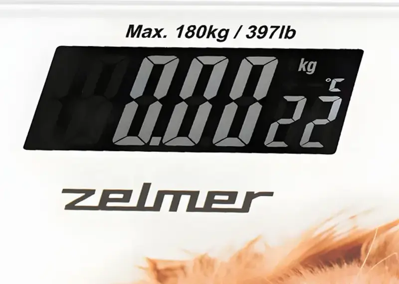 Cantar Digital de Corp Zelmer ZBS1010, Capacitate 180 kg, Platforma din Sticla Temperata Antiderapanta, Display LED/LCD cu Termometru Incorporat, Alb