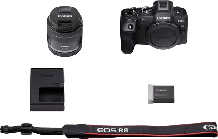 aparat foto Mirrorless Full-frame Canon EOS R8 cu Obiectiv RF 24-50mm f/4.5-6.3 IS STM, Senzor CMOS 24.2MP, Procesor DIGIC X, Video 4K 60p, AF Dual Pixel