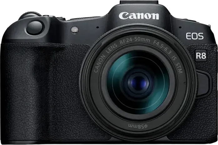 aparat foto Mirrorless Full-frame Canon EOS R8 cu Obiectiv RF 24-50mm f/4.5-6.3 IS STM, Senzor CMOS 24.2MP, Procesor DIGIC X, Video 4K 60p, AF Dual Pixel