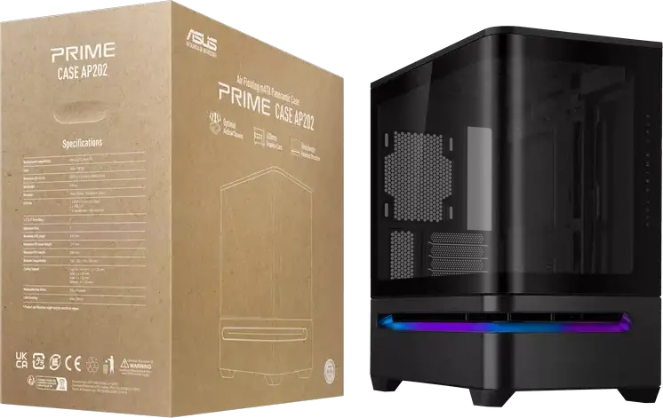 Carcasa PC ASUS Prime AP202 ARGB Midi-Tower, Micro-ATX/Mini-ITX, 3 Ventilatoare ARGB 120mm, Sticla Temperata Curvata, Suport Radiator 360mm, Negru