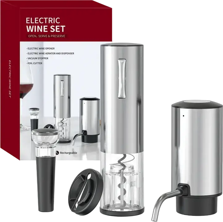 Set Deschisător de Vin Electric Circle Joy SGS-KD-8, Oțel Inoxidabil, Aerator de Vin Reîncărcabil, Cutter pentru Folie și Stopăr de Vin Vacuum
