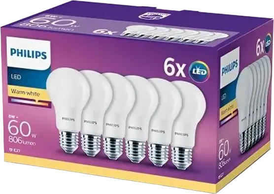 Philips LED Bulb E27 60W Equivalent, 806 Lumen, 2700K Warm White, A60 Frosted Plastic, Non-Dimmable, 15000h Lifetime, Indoor Energy Saving Lamp