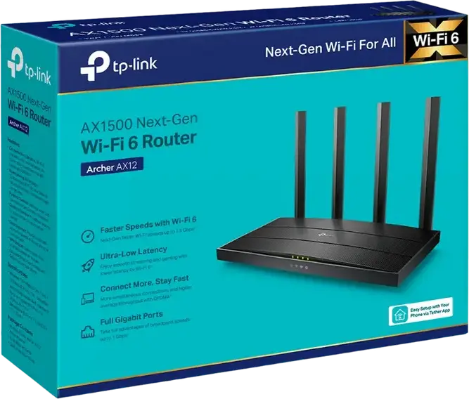 Роутер TP-Link Archer AX12 AX1500 двухдиапазонный Gigabit Wi-Fi 6, скорость 1.5 Гбит/с, 4 внешние антенны, MU-MIMO, OFDMA, защита WPA3, порты Gigabit WAN/LAN, черный