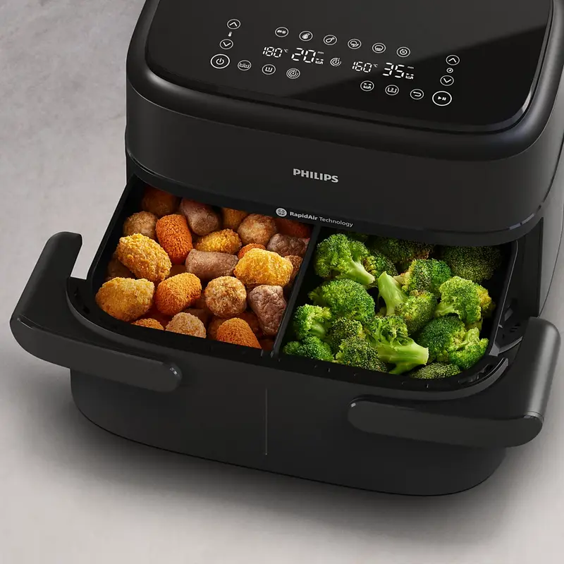 Philips NA150/00 1000 Series Dual Basket Airfryer, 7.1L Total Capacity, 2450W, RapidAir Technology, LED Touch Control, Non-stick, Black