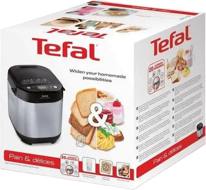 Хлебопечка Tefal Pain & Delices, 720 Вт, мощность, до 1000 г, 20 автоматических программ, включая безглютеновые рецепты и йогурт, нержавеющая сталь