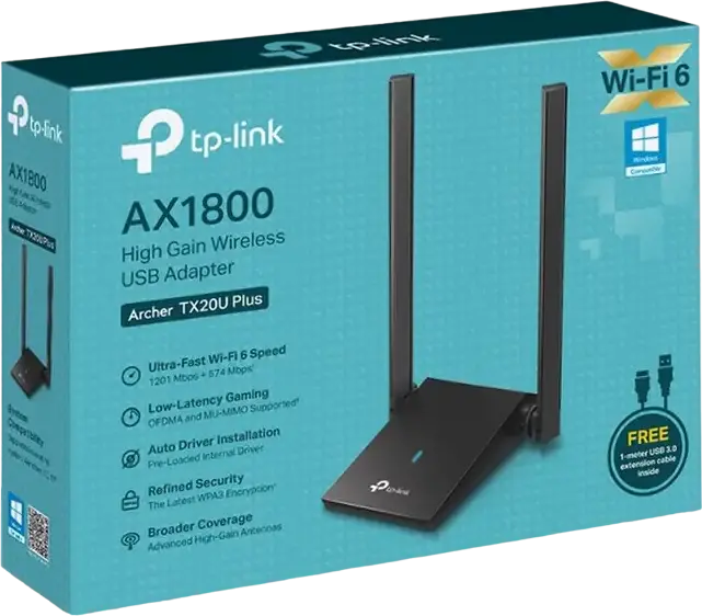 Беспроводной USB 3.0 адаптер TP-Link Archer TX20U Plus, Wi-Fi 6 AX1800 Dual-Band, скорость до 1800 Мбит/с, регулируемые антенны High-Gain, MU-MIMO, OFDMA, WPA3