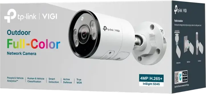 TP-Link VIGI InSight S345 Outdoor Bullet Network Camera, 4MP, 2.8mm, Full-Color 24/7 Night Vision, True WDR 120dB, AI People & Vehicle Detection, IP67, PoE