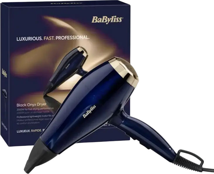 Профессиональный фен BaByliss 5911E Black Onyx, мощность 2000Вт, DC мотор, ионизация для устранения пушистости, 3 режима температуры/2 скорости, синий