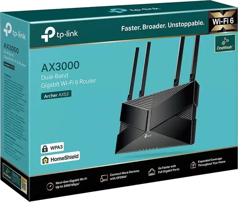 TP-Link Archer AX53 AX3000 Dual-Band Gigabit Wi-Fi 6 Router, 160 MHz Bandwidth, 4 High-Performance Antennas, OFDMA, WPA3, EasyMesh, HomeShield, Black