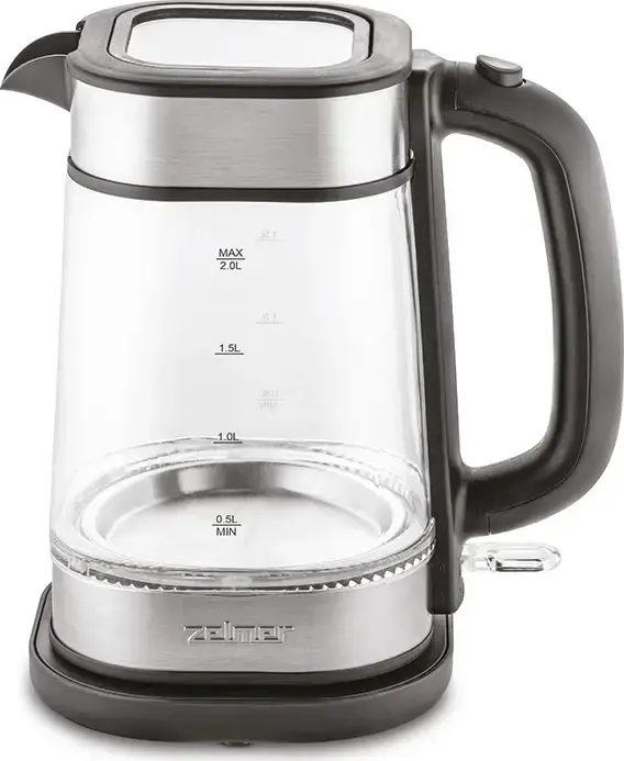Zelmer ZCK8021 Electric Kettle, 2L Capacity, 2200W, Stainless Steel and Glass, Hidden Heating Element, Strix Controller, Dry-Boil Protection, Grey