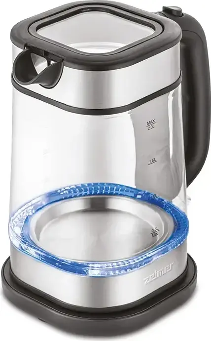Zelmer ZCK8021 Electric Kettle, 2L Capacity, 2200W, Stainless Steel and Glass, Hidden Heating Element, Strix Controller, Dry-Boil Protection, Grey
