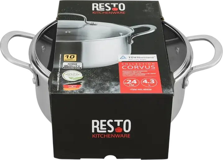 Кастрюля RESTO Corvus 95026, 4.25 л, из нержавеющей стали 18/10 с трехслойным дном и стеклянной крышкой, для индукционных плит, диаметр 24 см