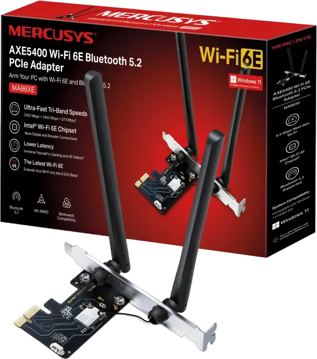 Adaptor Wireless PCIe Mercusys MA86XE Wi-Fi 6E AXE5400 pana la 5.4 Gbps Tri-Band 2.4GHz 5GHz 6GHz Bluetooth 5.2 Chipset Intel MU-MIMO OFDMA WPA3