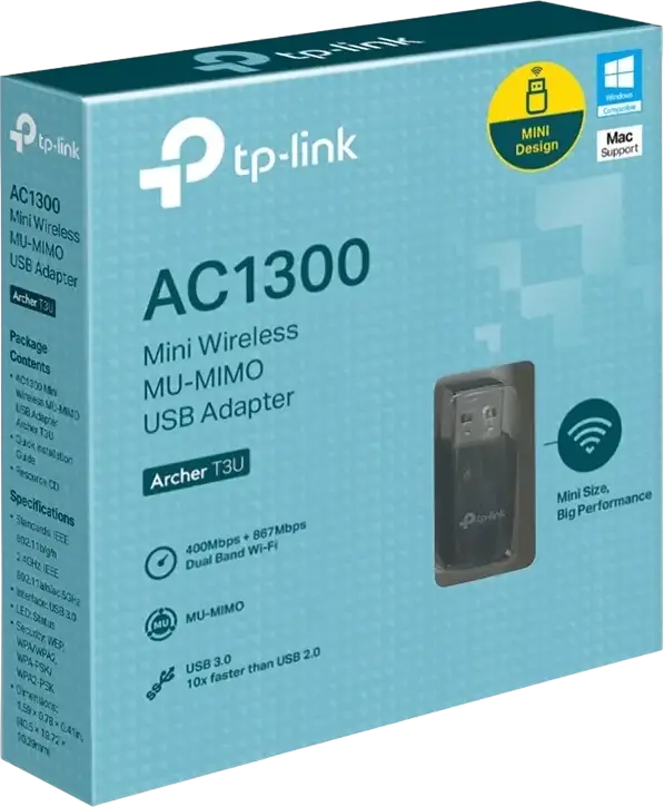 Adaptor Wireless USB 3.0 TP-Link Archer T3U AC1300 Mini MU-MIMO, Dual Band 2.4GHz/5GHz pana la 1267Mbps, Antenă Omni Directional, Negru