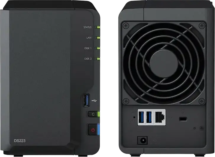 Сетевое хранилище Synology DS223 NAS DiskStation на 2 отсека, Realtek RTD1619B 4-ядра 1.7 ГГц, 2 ГБ DDR4, 1GbE LAN, 3x USB 3.2 Gen 1, Черный