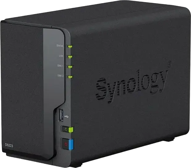 Сетевое хранилище Synology DS223 NAS DiskStation на 2 отсека, Realtek RTD1619B 4-ядра 1.7 ГГц, 2 ГБ DDR4, 1GbE LAN, 3x USB 3.2 Gen 1, Черный