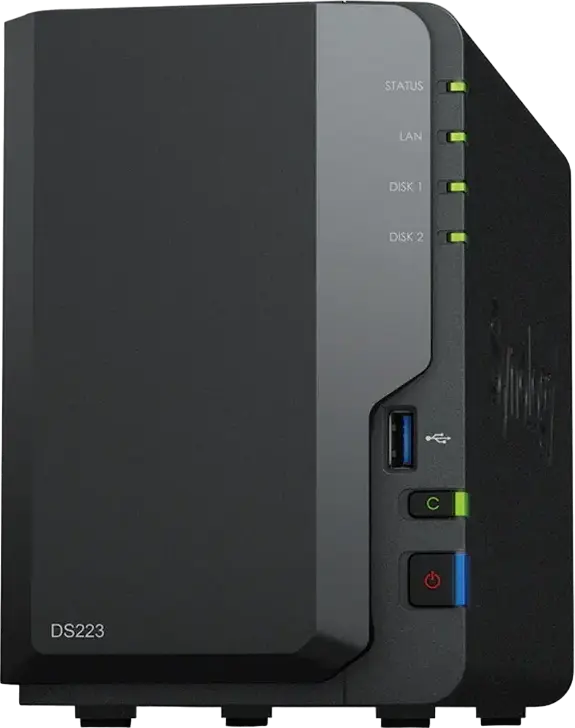 Сетевое хранилище Synology DS223 NAS DiskStation на 2 отсека, Realtek RTD1619B 4-ядра 1.7 ГГц, 2 ГБ DDR4, 1GbE LAN, 3x USB 3.2 Gen 1, Черный