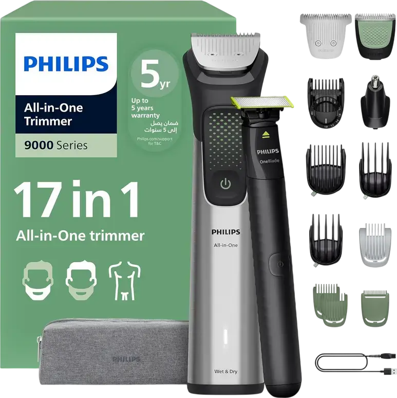 Philips MG9535/15 9000 Series 17-in-1 All-in-One Trimmer for Face Head and Body, Stainless Steel Self-Sharpening Blades, Li-ion Battery, Grey