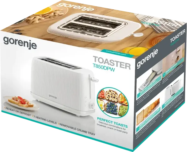 Prăjitor de pâine Gorenje T850DPW, 2 fete, 850W, 7 nivele de prăjire, sistem High Lift, funcții de dezgheț și reîncălzire, tăviță pentru firimituri, Culoare: Alb