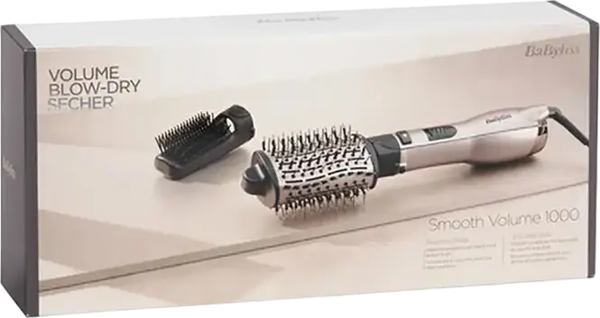 BaByliss Smooth Volume AS90PE Hot Air Brush Hair Dryer, 1000W Tourmaline Ceramic Ionic Anti-Frizz Styler with 2 Interchangeable Heads and Rotating Cable