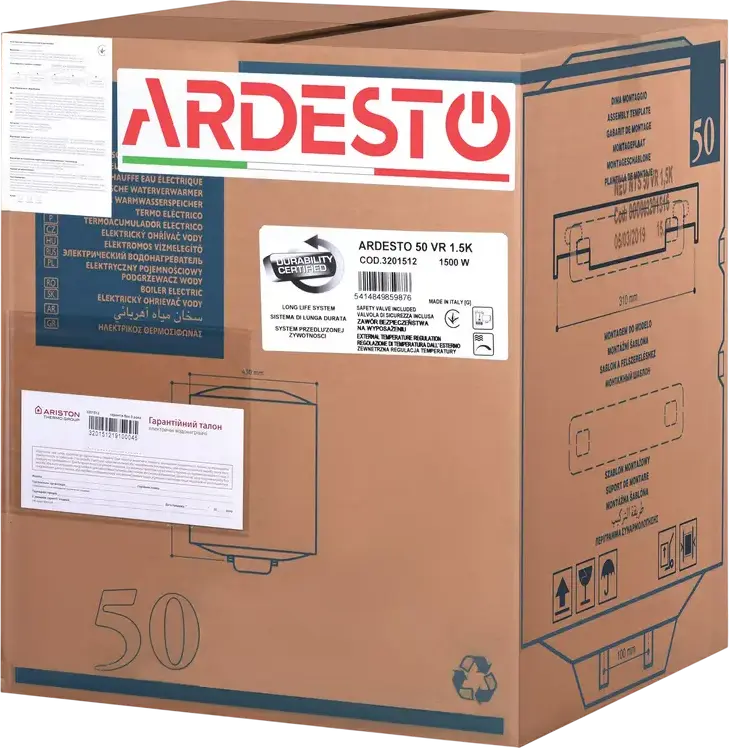 Boiler Electric Vertical Ardesto NEU NTS 50 V 1.5K EU2, Capacitate 50L, Putere 1500W, Rezervor din Oțel Emailat, Control Mecanic, Alb