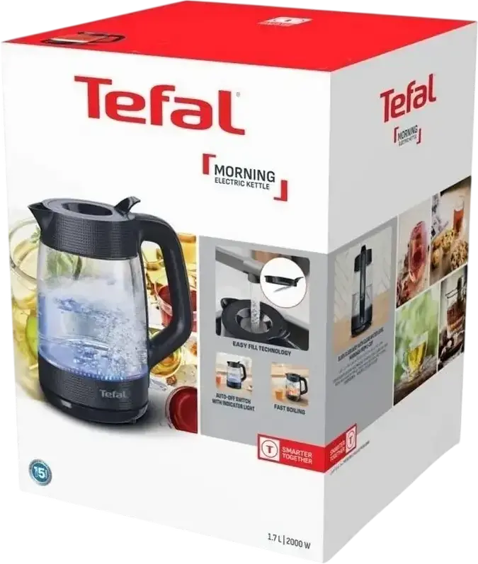 Tefal Morning KO2G08E0 Electric Glass Kettle, 1.7L Capacity, 2000W Power, Hidden Heating Element, Anti-calc Filter, Boil-dry Protection, Black