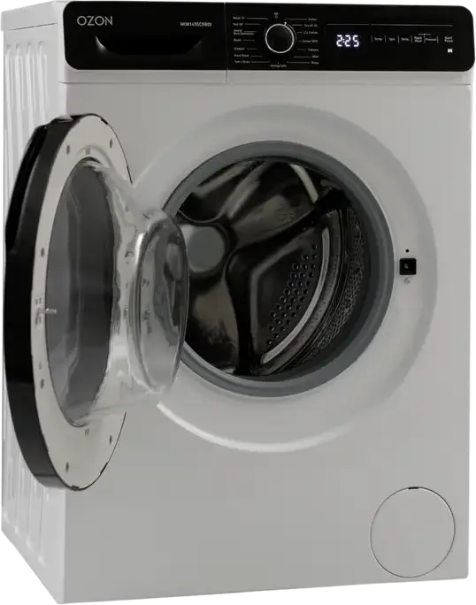 Стиральная машина OZON WO81455C5BDI с фронтальной загрузкой, загрузка 8 кг, инверторный двигатель DC Inverter, 1400 об/мин, белая с черной дверцей, 60x53x85 см